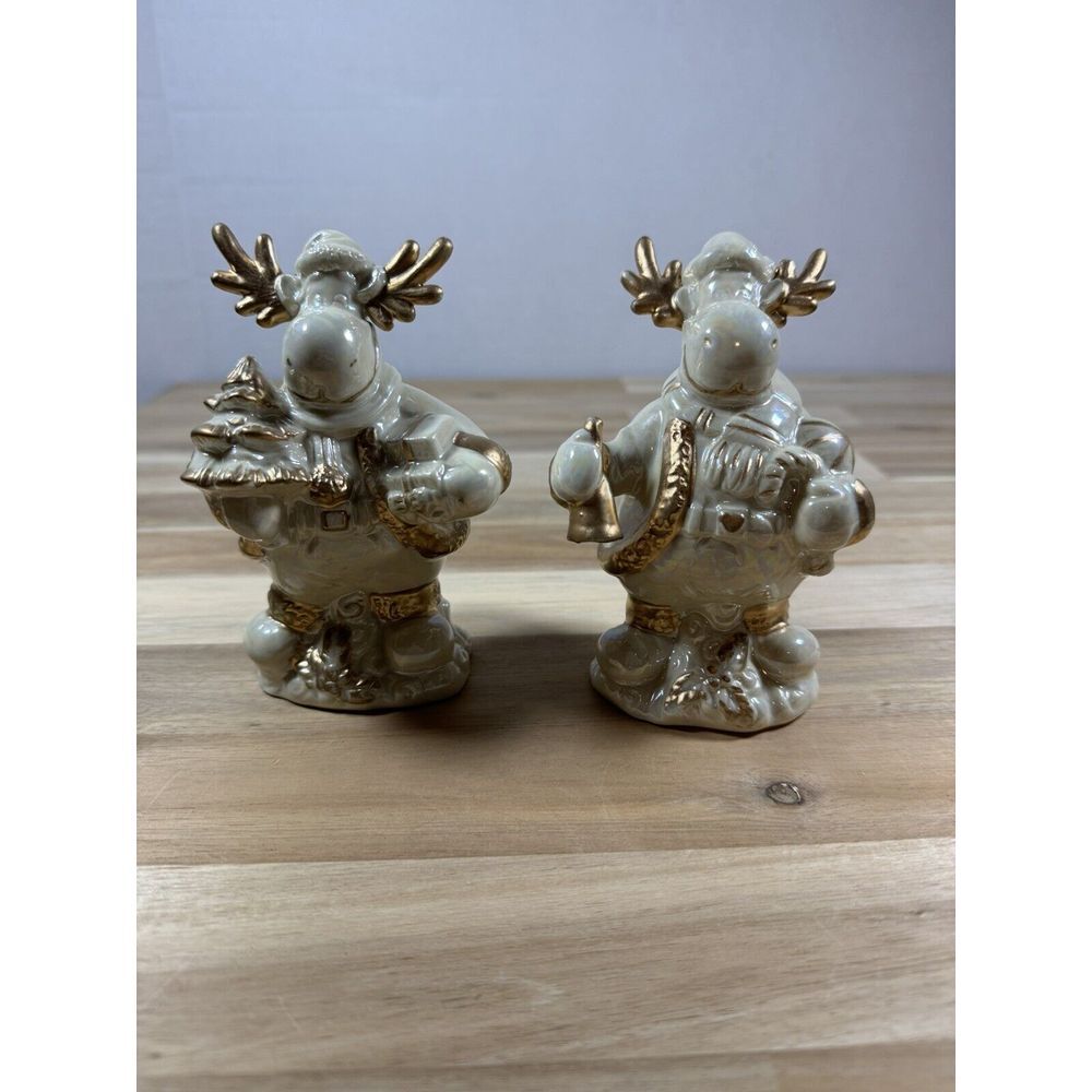 Vintage Christmas Winter White Ceramic Reindeer Moose with Gold Antlers SET OF 2